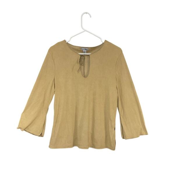 L.e.i Tops - Vintage 90s/Y2K Faux Suede Tan Keyhole Top Flare Sleeves Size X-Large
